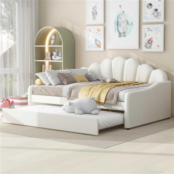 Full Size Upholstery Daybed Frame with Shall Shaped Backrest  and Trundle,White