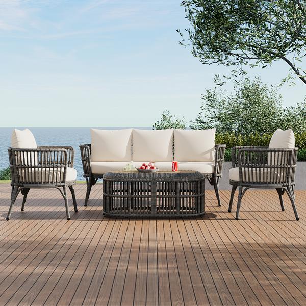 4-Piece Rattan Outdoor Patio Conversation Set with Seating Set for 5 and Coffee Table for Porch, Backyard and Garden (Grey)