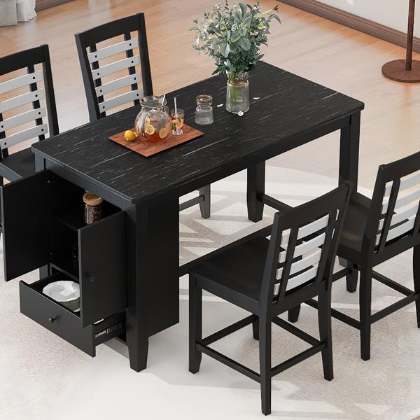 Counter Height 5-piece Dining Table Set with Faux Marble Tabletop, Solid Wood Table Set with Storage Cabinet and Drawer, Black