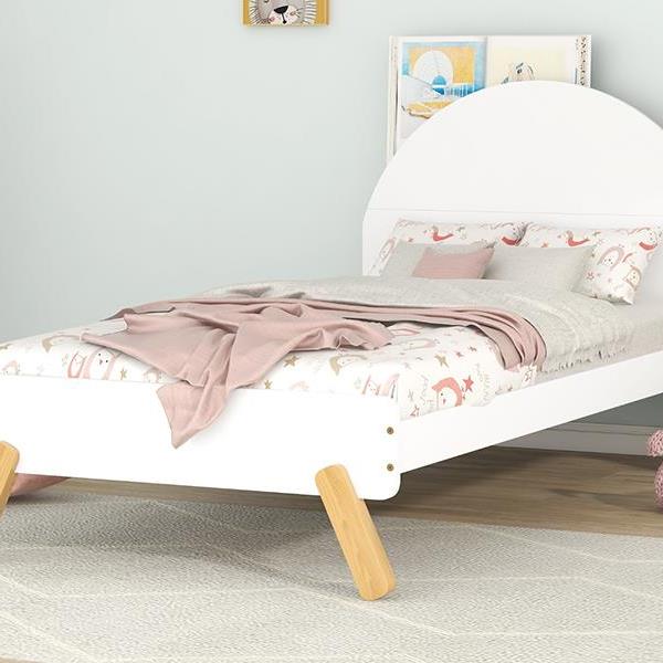 Wooden Cute Platform Bed With Curved Headboard,Twin Size Bed With Shelf Behind Headboard,White