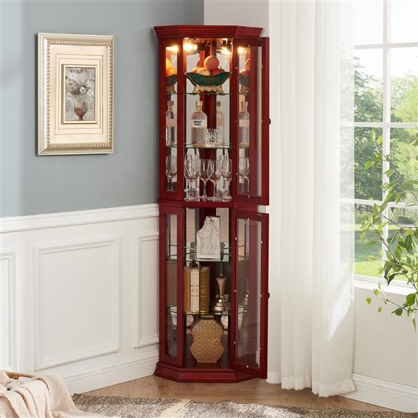 Corner Curio Cabinet Lighted Corner Display, Glass Display Shelf Shelving Bar cabinet with Tempered Glass Door, Bar Cabinet,Cabinet with Adjustable Shelf Glass Cabinet Shelves Bead Bulb Included