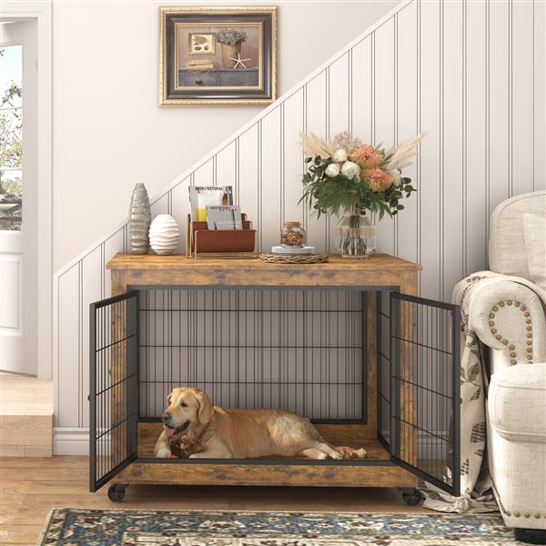 Furniture Dog Cage Crate with Double Doors, Rustic Brown, 38.58'' W x 25.2'' D x 27.17'' H