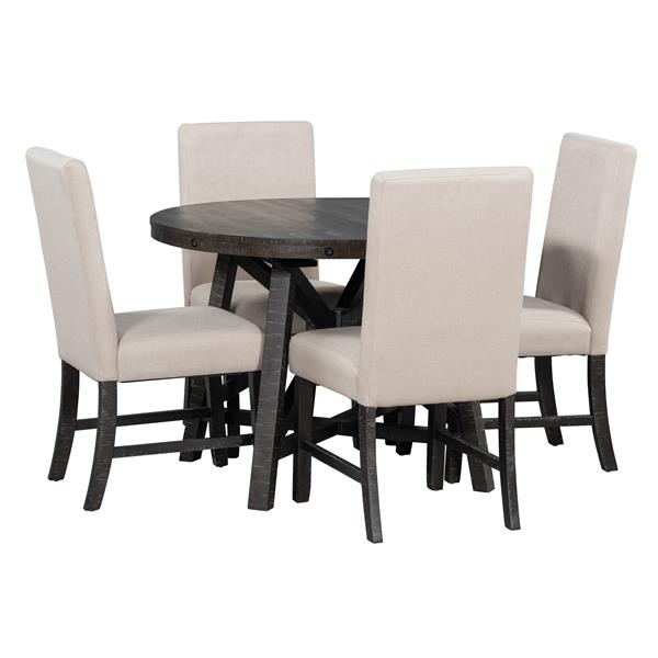 5-Piece Retro Functional Dining Set with Extendable Round Table with Removable Middle Leaf and 4 Upholstered Chairs for Dining Room and Living Room (Black)