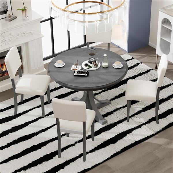 5-Piece Retro Round Dining Table Set with Curved Trestle Style Table Legs and 4 Upholstered Chairs for Dining Room (Dark Gray)