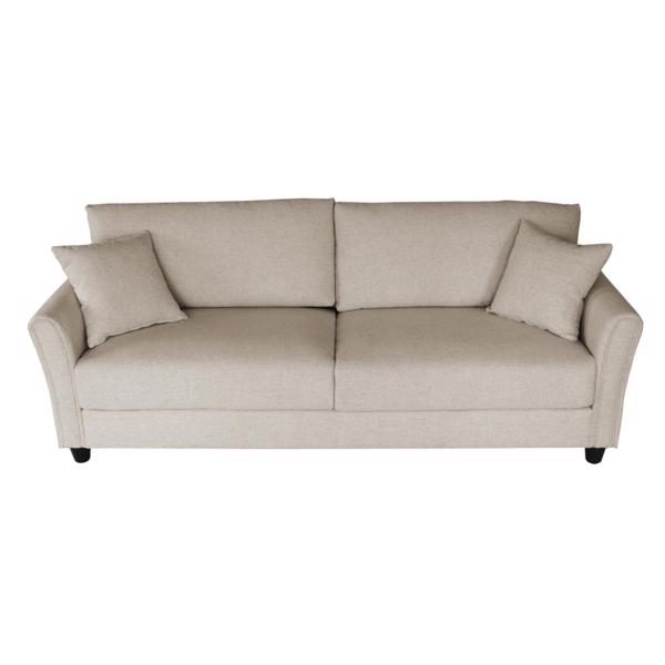 Off White Linen, Three-person Indoor Sofa, Two Throw Pillows, Solid Wood Frame, Plastic Feet