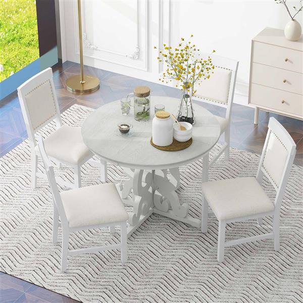 5-Piece Retro Functional Dining Set, 1 Extendable Table with a 16-inch Leaf and 4 Upholstered Chairs for Dining Room and Kitchen (Antique White)