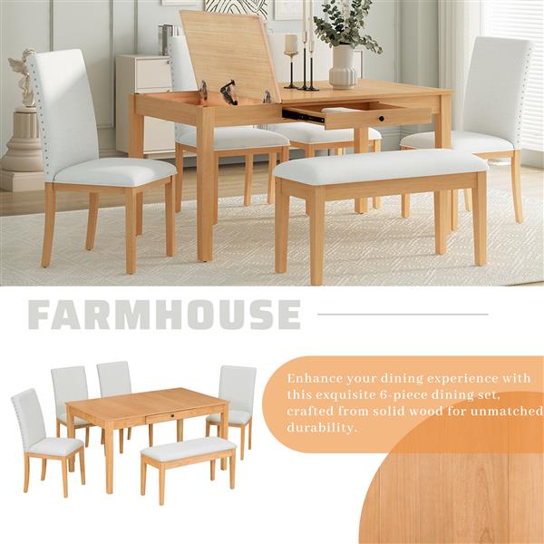 Farmhouse 6-Piece Dining Table Set with Storage Table, Kitchen Table Set with Drawer, Storable Bench and Upholstered Dining Chairs, Natural+Beige