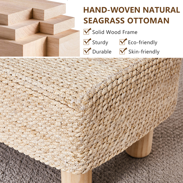 Foot Stool Ottoman Rectangular Footrest Pouf Ottomans Natural Seagrass Footstool with Wooden Legs Hand Weave Step Stool for Living Room Bedroom Entryway 