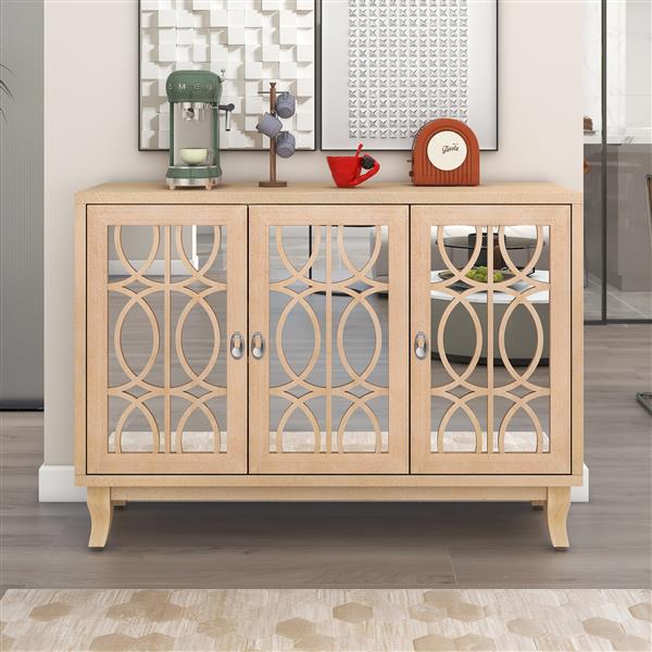 Sideboard with Glass Doors, 3 Door Mirrored Buffet Cabinet with Silver Handle for Living Room, Hallway, Dining Room (Natural Wood Wash)