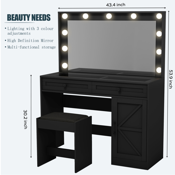 43.4"Makeup Vanity Table, Makeup Table with Large Mirror and 11 LED Light , Brightness Adjustable, Dressing Table Desk with 3 Drawers, Vanity Desk for Women(Black with Stool) 