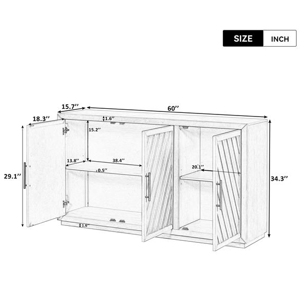 3-Door Large Storage Retro Sideboard with Adjustable Shelves and Black Handles for Kitchen, Dining Room and Living Room (Antique Natural)