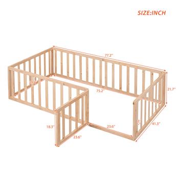 Twin Size Wood Floor Bed Frame with Fence and Door, Natural