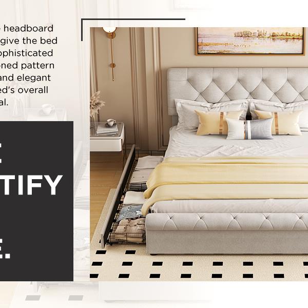 Queen size Upholstered Platform bed with Four Drawers, Antique Curved Headboard, Linen Fabric, Beige (without mattress)