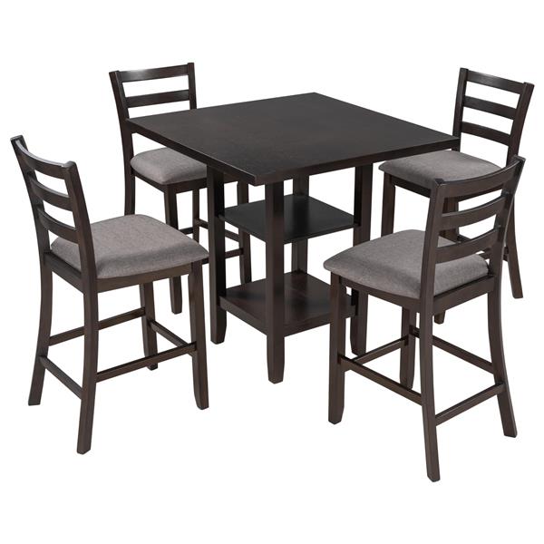 5-Piece Wooden Counter Height Dining Set with Padded Chairs and Storage Shelving (Espresso)