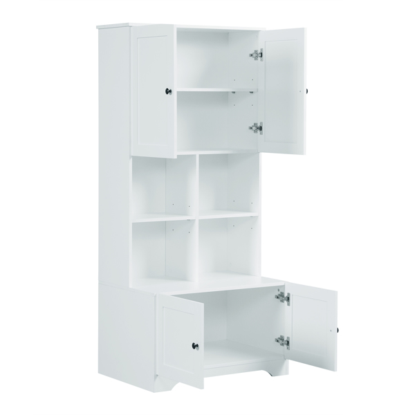 Tall and Wide Bathroom Floor Storage Cabinet, Bathroom Storage Unit, Freestanding Cabinet with 4 Doors, Adjustable Shelves, Open multi-layer Shelves, White 