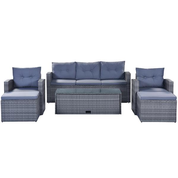 6-piece All-Weather Wicker PE rattan Patio Outdoor Dining Conversation Sectional Set with coffee table, wicker sofas, ottomans,  removable cushions (Dark grey wicker, Light grey cushion)