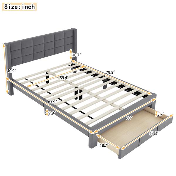 Queen Size Upholstered Platform Bed with A Big Drawer, Gray