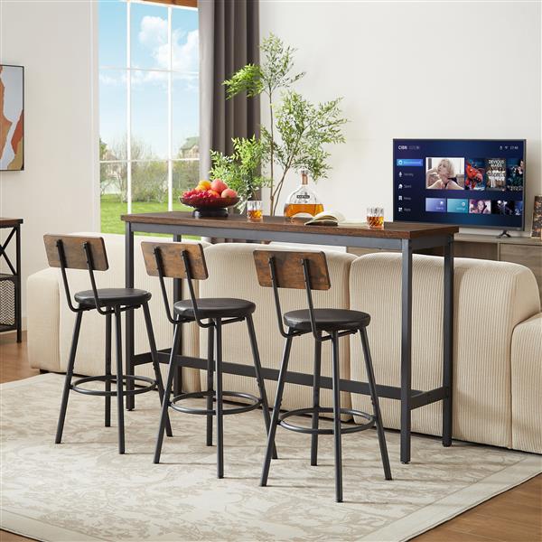 Long Bar Table Set with 3 PU Upholstered Bar Stools, Industrial Bar Table and Chairs for Kitchen Breakfast Table, Living Room, Banquet Hall, Rustic Brown and Black, 63″L x15.7"W x 37.5"H