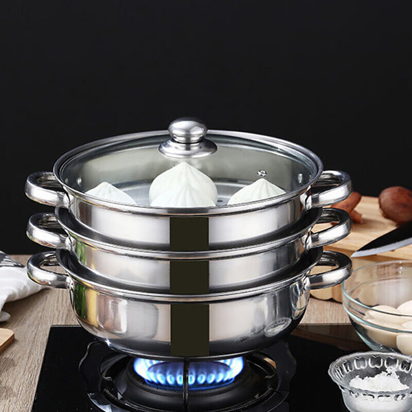 28CM 4PC STEAMER COOKER POT SET PAN COOK FOOD GLASS LIDS 3 TIER STAINLESS STEEL