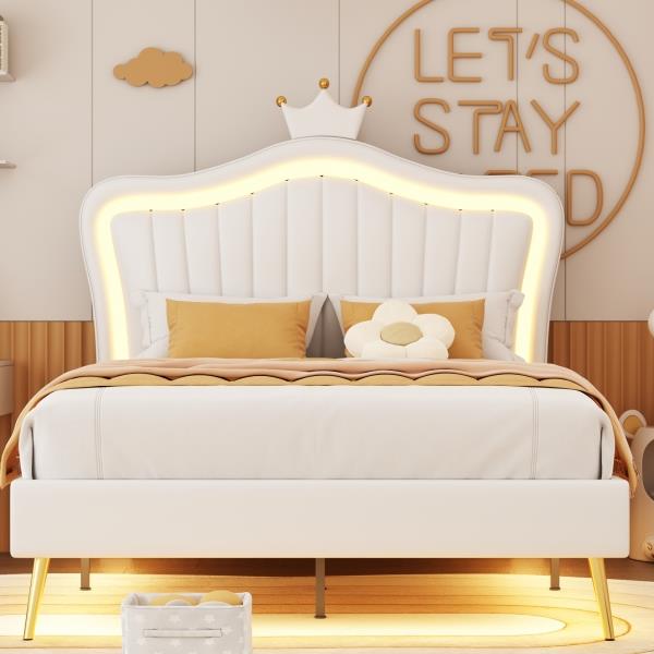 Full Size Upholstered Bed Frame with LED Lights,Modern Upholstered Princess Bed With Crown Headboard,White