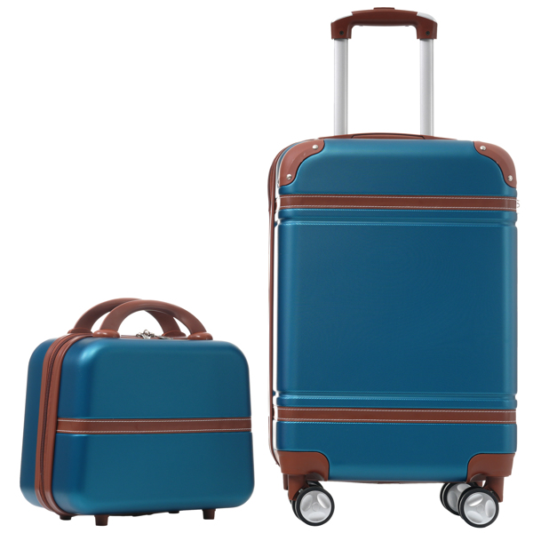 20 IN Hardside Luggage with Cosmetic Case , 2 Piece Lightweight Suitcase Set with Spinner Wheels, Carry on Vintage Luggage,Blue 