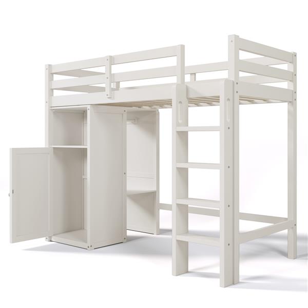 Twin Loft Bed with Wardrobe, Storage Shelves and Ladder, White