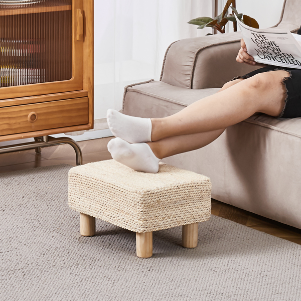 Foot Stool Ottoman Rectangular Footrest Pouf Ottomans Natural Seagrass Footstool with Wooden Legs Hand Weave Step Stool for Living Room Bedroom Entryway 