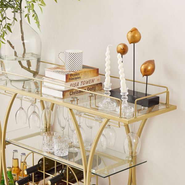 Electroplated Glass Bar Cart, With Wine Rack And Glass Holder, For Kitchen, Serving, Hotel  Gold