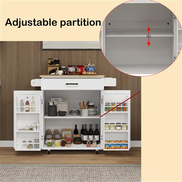 Kitchen island rolling trolley cart with 1 drawer & 2 doors with storage racks & Adjustable Shelves & towel rack & seasoning rack rubber wood table top-White