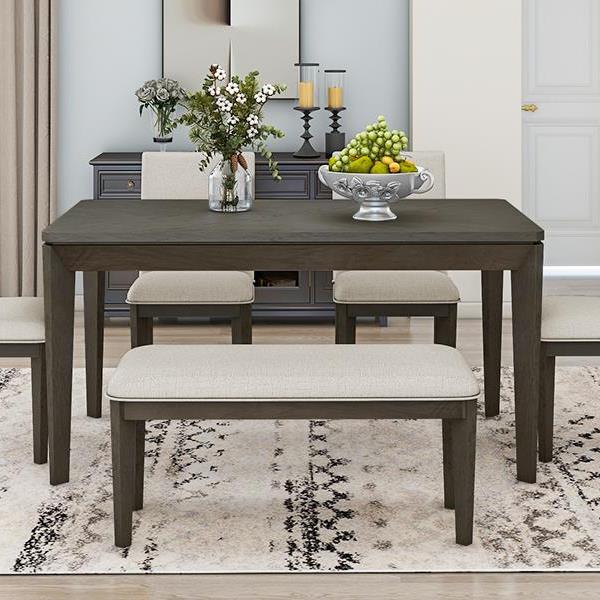 6-Piece Dining Table Set with Upholstered Dining Chairs and Bench,Farmhouse Style, Tapered Legs, Dark Gray+Beige