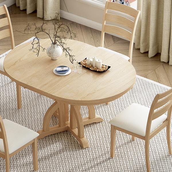 5-Piece Farmhouse Round Pedestal Extending Dining Table Set Extendable Kitchen Table Set with 15.8" Removable Leaf and Ladder Back Dining Chairs for Small Places, Natural