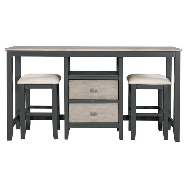 Farmhouse Rustic 3-piece Counter Height Wood Dining Table Set with Cabinet,2 Storage Drawers and 2 Stools for Small Places, Gray and Distressed Light Gray