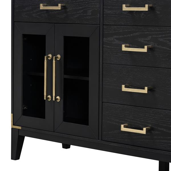 6-drawer and 2-Cabinet Retro Sideboard with Extra Large Storage Space, with ld Handles and Solid Wood Legs, for Kitchen and Living Room (Black)