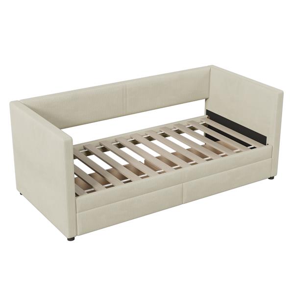 Twin Size Corduroy Daybed with Two Drawers and Wood Slat, Beige