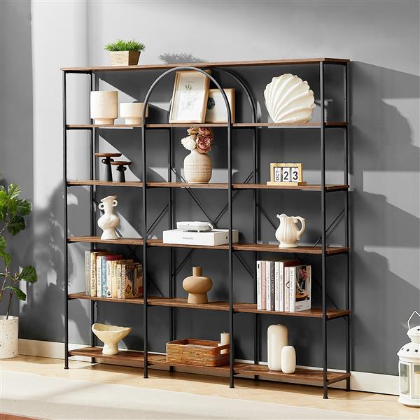 6 Tier Bookcase Home Office Open Bookshelf, Vintage Industrial Style Shelf with Metal Frame, MDF Board, Brown