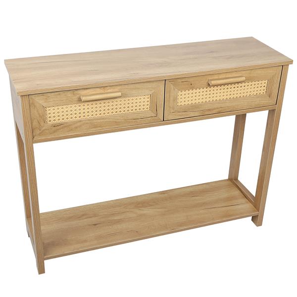 Console Table with 2 Drawers,  Sofa Table, Entryway Table with open  Storage Shelf, Narrow Table with rattan design for Living Room/Entryway/Hallway,  Natural Color