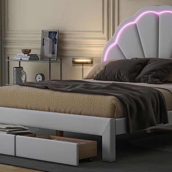 Full Size Upholstered Platform Bed with Seashell Shaped Headboard, LED and 2 Drawers, White