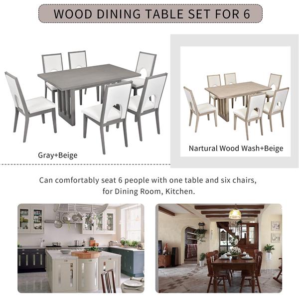 Wood Dining Table Set for 6, Farmhouse Rectangular Dining Table and 6 Upholstered Chairs Ideal for Dining Room, Kitchen (Grey+Beige)