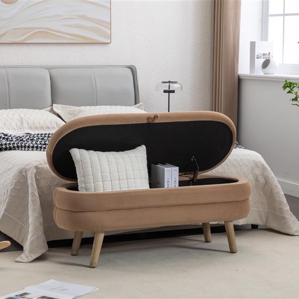 036-Velvet Fabric Storage Bench Bedroom Bench With Wood Legs For Living Room Bedroom Indoor,Coffee