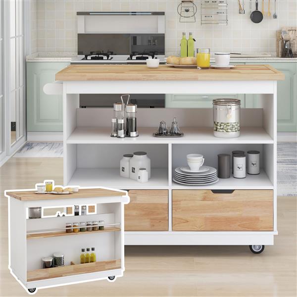 Rolling Kitchen Island with Storage, Two-sided Kitchen island Cart on Wheels with RubberWood Top,Wine and Spice Rack, Large Kitchen Cart with 2 Drawers, 3 Open Compartments, White