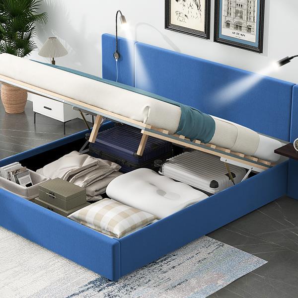 Full Size Storage Upholstered Hydraulic Platform Bed with 2 Shelves, 2 Lights and USB, Blue