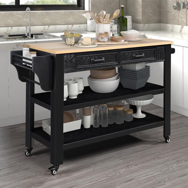 57 inch Rolling Kitchen Island with Storage,Kitchen Cart with Solid OAK Wood Top,Two-sided Kitchen island Cart on Wheels , Wine and Spice Rack, Large Kitchen Cart with 2 Drawers, Black+Natural Top