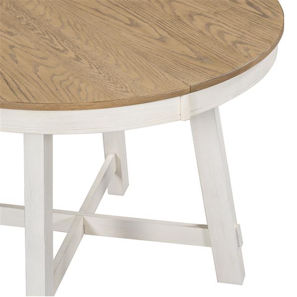 Farmhouse Round Extendable Dining Table with 16" Leaf Wood Kitchen Table (Oak Natural Wood + Antique White)