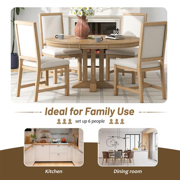 5-Piece Dining Set Extendable Round Table and 4 Upholstered Chairs Farmhouse Dining Set for Kitchen, Dining Room(Natural Wood Wash)