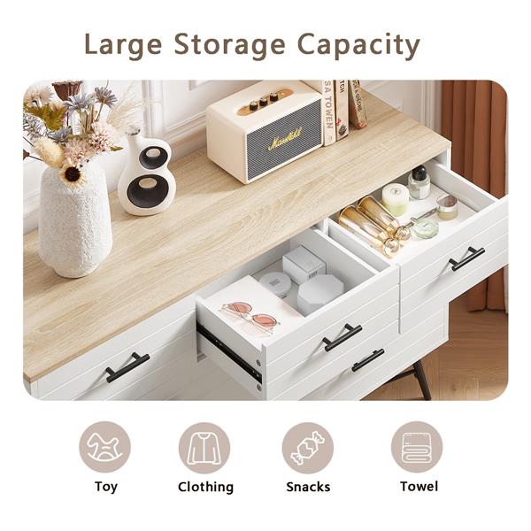 7 Drawer Dresser for Bedroom with Deep Drawers, Wood Dressers & Chest of Drawers, Modern White Long Dressers for Closet Living Room, 47.2"W x 15.7"D x 31.5"H, White & oak