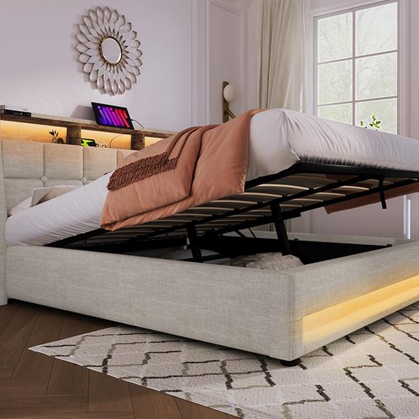 Full size Upholstered Platform bed with a Hydraulic Storage System, LED and USB Charging, Natural (without mattress)