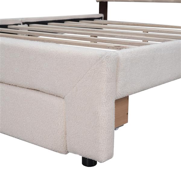 Teddy Fleece Queen Size Upholstered Platform Bed with 1 Nightstand, Beige