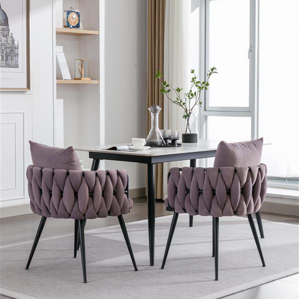 Pure Purple Modern Velvet Dining Chairs Set of 2 Hand Weaving Accent Chairs Living Room Chairs Upholstered Side Chair with Black Metal Legs for Dining Room Kitchen Vanity Living Room