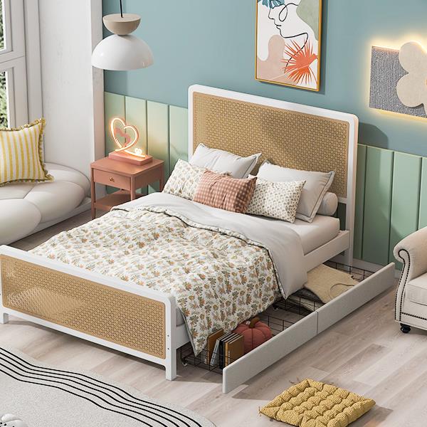 Queen Size Metal Platform Bed with 2 Drawers, White