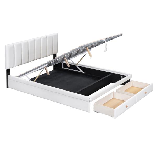 Full Size Upholstered Bed with Hydraulic Storage System and Drawer, White